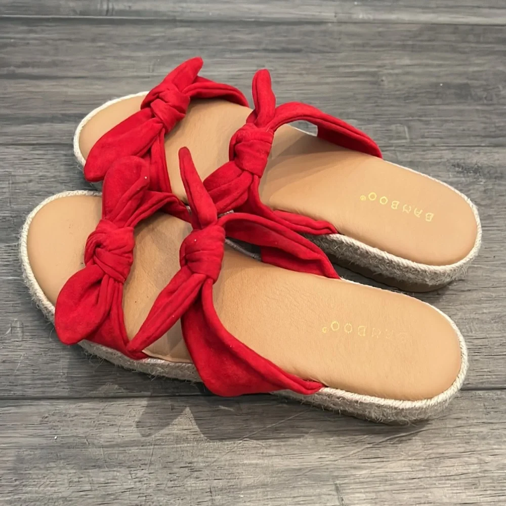 Bamboo Bow Tie Espadrille Flatform Slip-On Sandals Red Womens Size 8‎